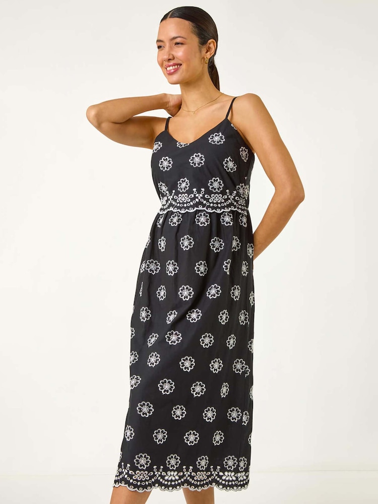 Roman Black 100% Cotton Embroidered Strap Sun Midi Dress - Image 1 of 5