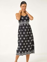Roman Black 100% Cotton Embroidered Strap Sun Midi Dress - Image 2 of 5