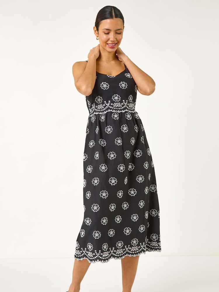 Roman Black 100% Cotton Embroidered Strap Sun Midi Dress - Image 2 of 5