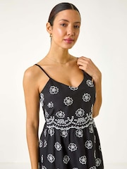Roman Black 100% Cotton Embroidered Strap Sun Midi Dress - Image 4 of 5