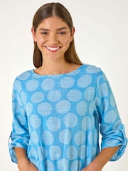 Roman Blue Spot Print Longline Tunic 100% Cotton Top - Image 1 of 5