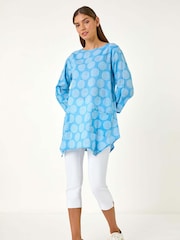 Roman Blue Spot Print Longline Tunic 100% Cotton Top - Image 2 of 5