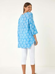 Roman Blue Spot Print Longline Tunic 100% Cotton Top - Image 3 of 5