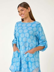 Roman Blue Spot Print Longline Tunic 100% Cotton Top - Image 4 of 5