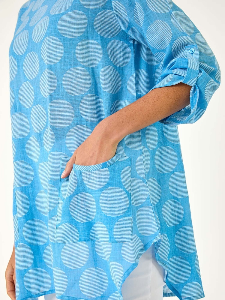 Roman Blue Spot Print Longline Tunic 100% Cotton Top - Image 5 of 5