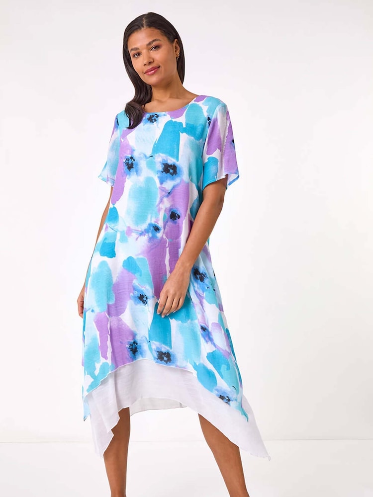 Roman Blue Abstract Print Double Layer Shift Dress - Image 2 of 5