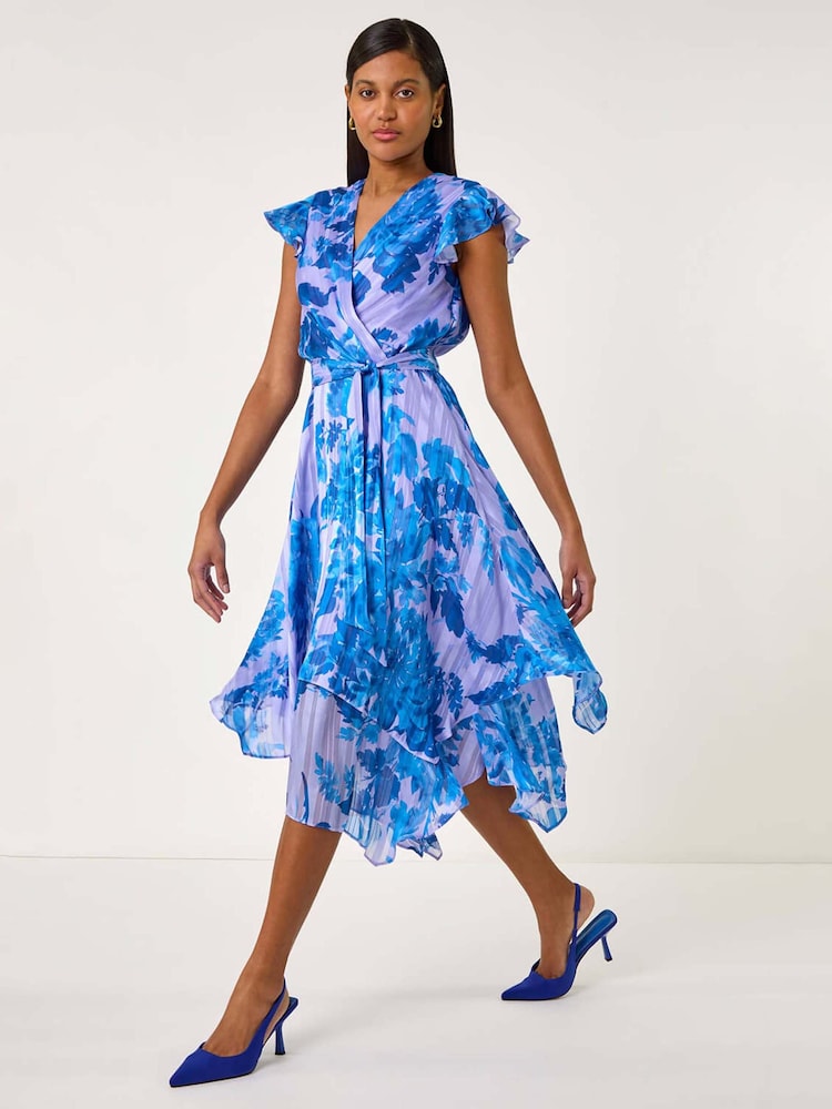 Roman Blue Floral Frill Midi Wrap Dress - Image 1 of 5