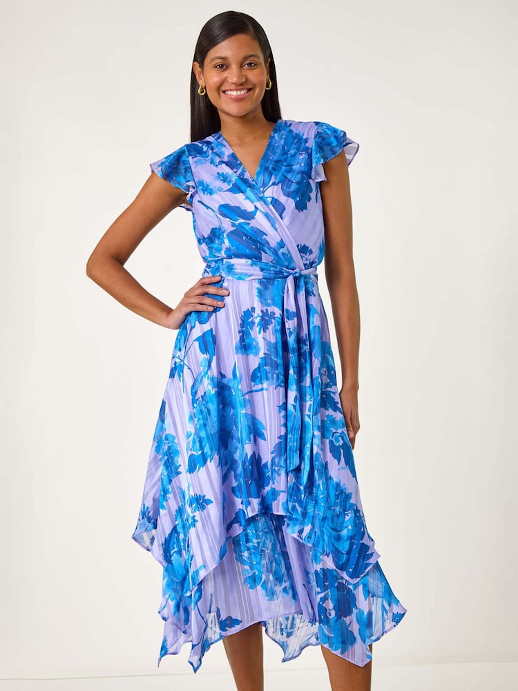 Roman Blue Floral Frill Midi Wrap Dress - Image 2 of 5