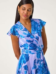 Roman Blue Floral Frill Midi Wrap Dress - Image 4 of 5