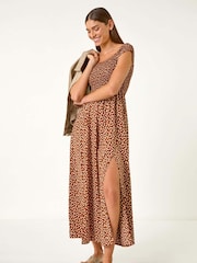 Roman Brown Spot Print Shirred Bardot Maxi Dress - Image 2 of 5