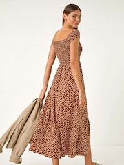 Roman Brown Spot Print Shirred Bardot Maxi Dress - Image 3 of 5