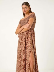 Roman Brown Spot Print Shirred Bardot Maxi Dress - Image 4 of 5