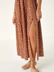 Roman Brown Spot Print Shirred Bardot Maxi Dress - Image 5 of 5