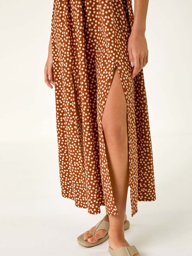 Roman Brown Spot Print Shirred Bardot Maxi Dress - Image 5 of 5