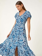 Roman Blue Paisley Print Crinkle Maxi Dress - Image 1 of 5