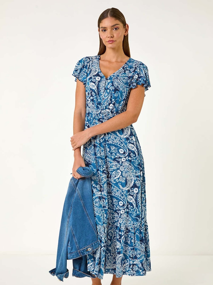 Roman Blue Paisley Print Crinkle Maxi Dress - Image 2 of 5