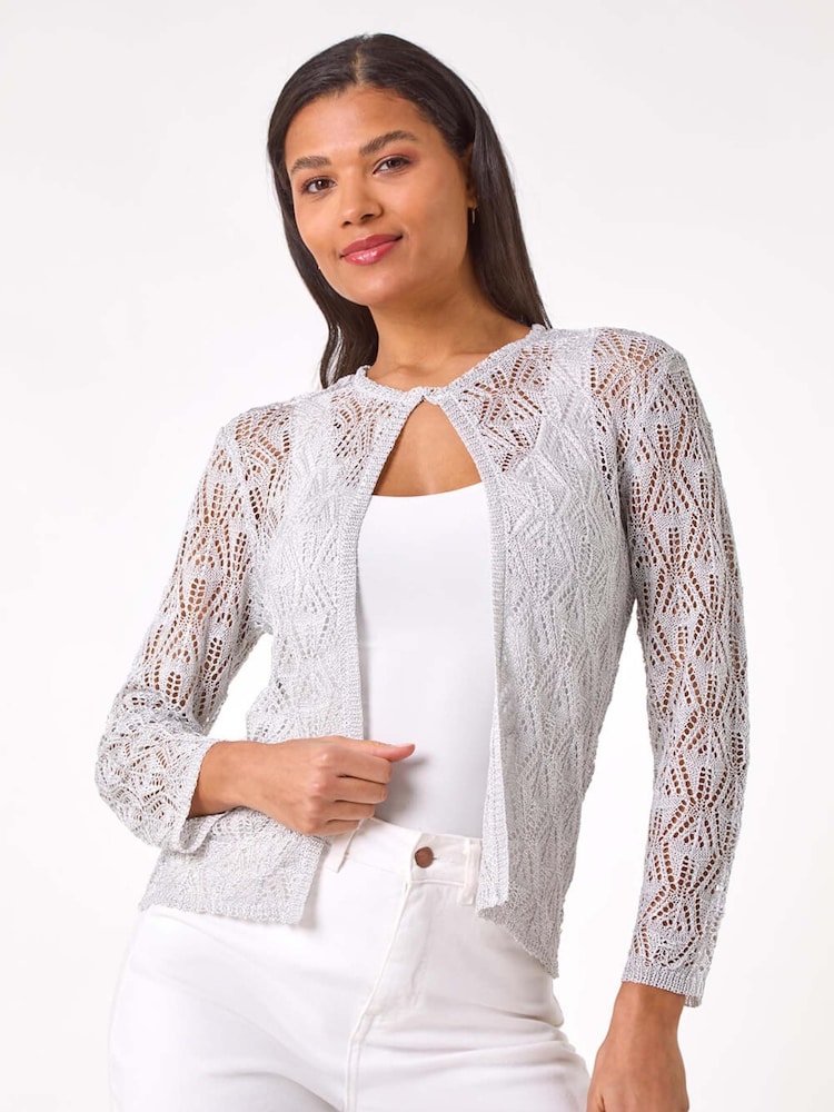Roman Metallic Shimmer Crochet Knit Shrug - Image 1 of 4