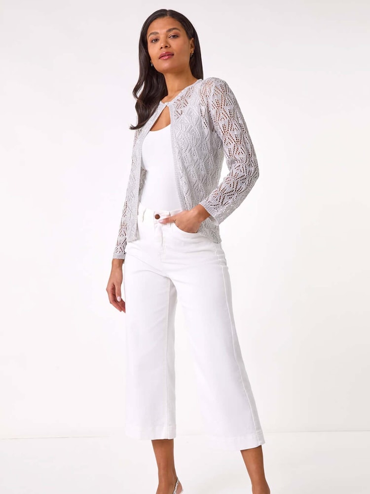 Roman Metallic Shimmer Crochet Knit Shrug - Image 2 of 4 Roman Metallic Shimmer Crochet Knit Shrug - Image 2 of 4