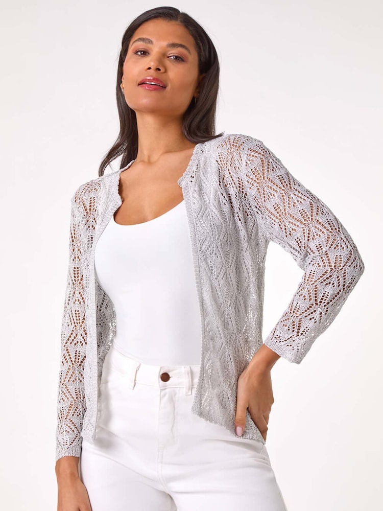 Roman Metallic Shimmer Crochet Knit Shrug - Image 4 of 4 Roman Metallic Shimmer Crochet Knit Shrug - Image 4 of 4