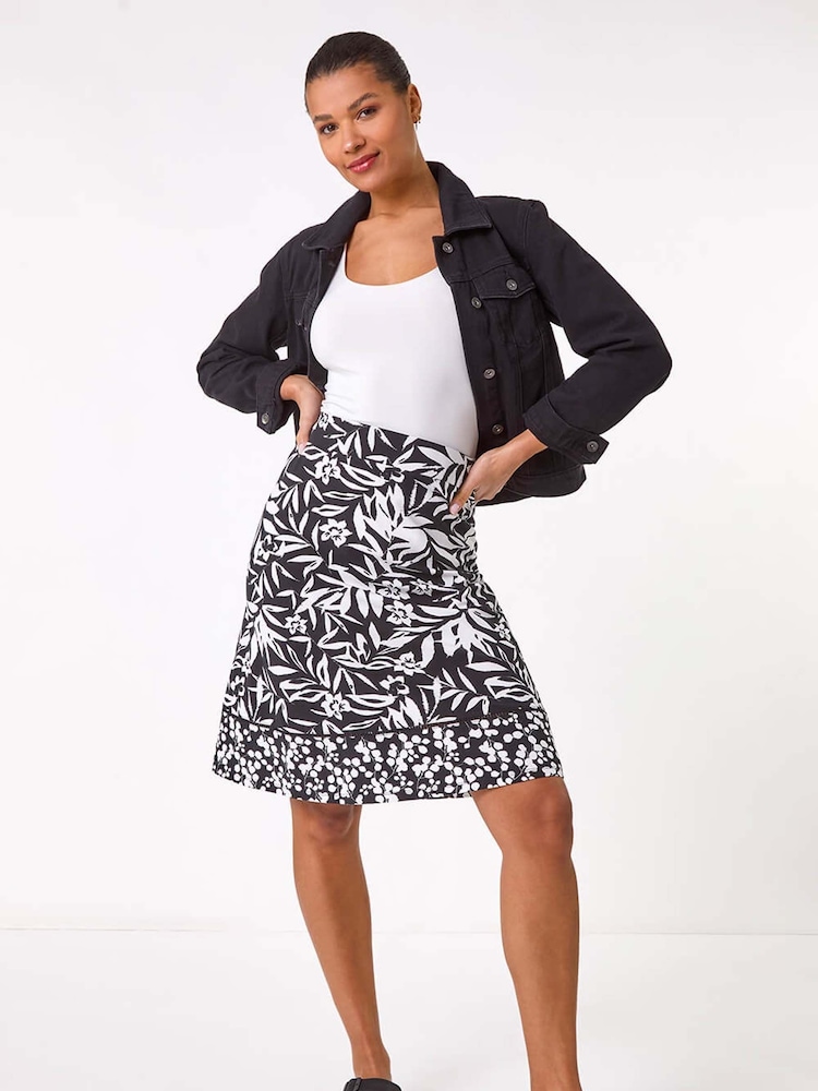 Roman Black A-Line Palm Mono Print Skirt - Image 2 of 5 Roman Black A-Line Palm Mono Print Skirt - Image 2 of 5