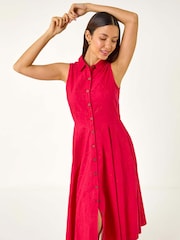 Roman Red 100% Cotton Embroidered Buttoned Midi Dress - Image 1 of 5
