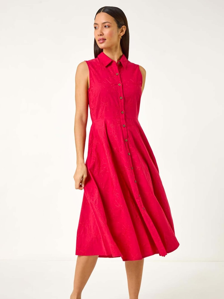 Roman Red 100% Cotton Embroidered Buttoned Midi Dress - Image 2 of 5