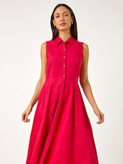 Roman Red 100% Cotton Embroidered Buttoned Midi Dress - Image 4 of 5