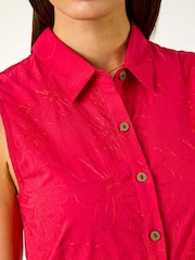 Roman Red 100% Cotton Embroidered Buttoned Midi Dress - Image 5 of 5