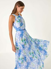 Roman Blue Floral Print Pleated Maxi Dress - Image 1 of 5