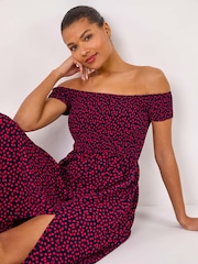 Roman Pink Spot Print Shirred Bardot Maxi Dress - Image 1 of 5