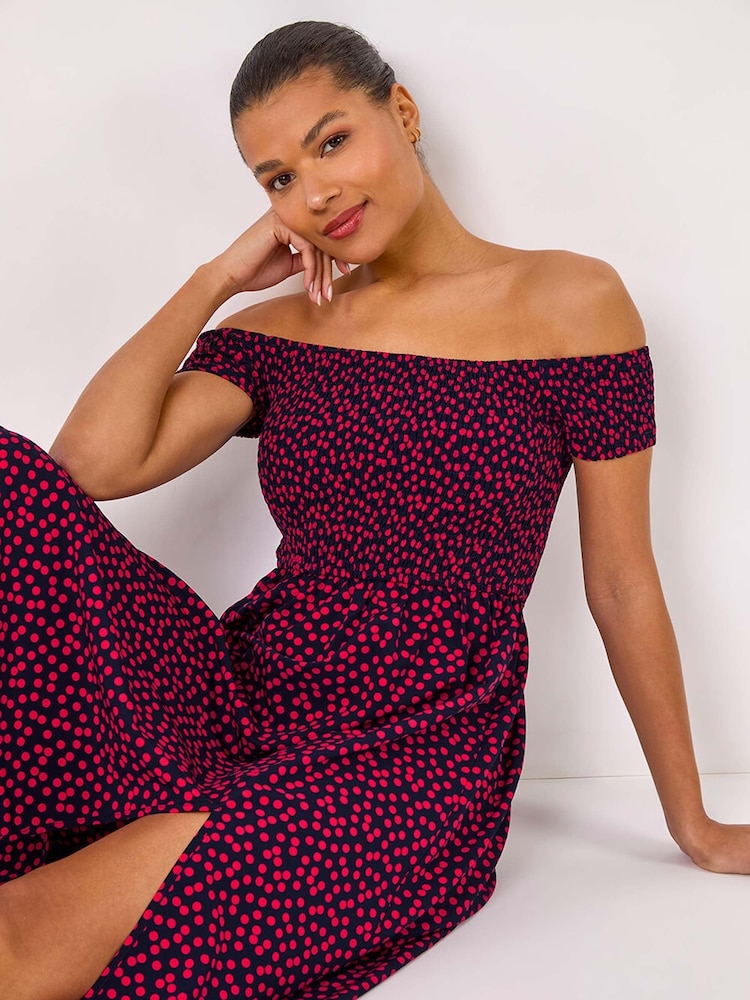 Roman Pink Spot Print Shirred Bardot Maxi Dress - Image 1 of 5