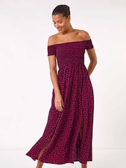 Roman Pink Spot Print Shirred Bardot Maxi Dress - Image 2 of 5