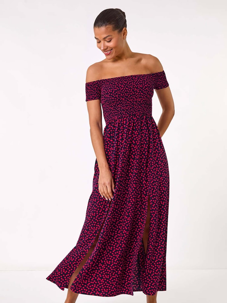 Roman Pink Spot Print Shirred Bardot Maxi Dress - Image 2 of 5