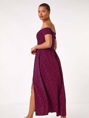 Roman Pink Spot Print Shirred Bardot Maxi Dress - Image 3 of 5