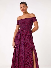 Roman Pink Spot Print Shirred Bardot Maxi Dress - Image 4 of 5