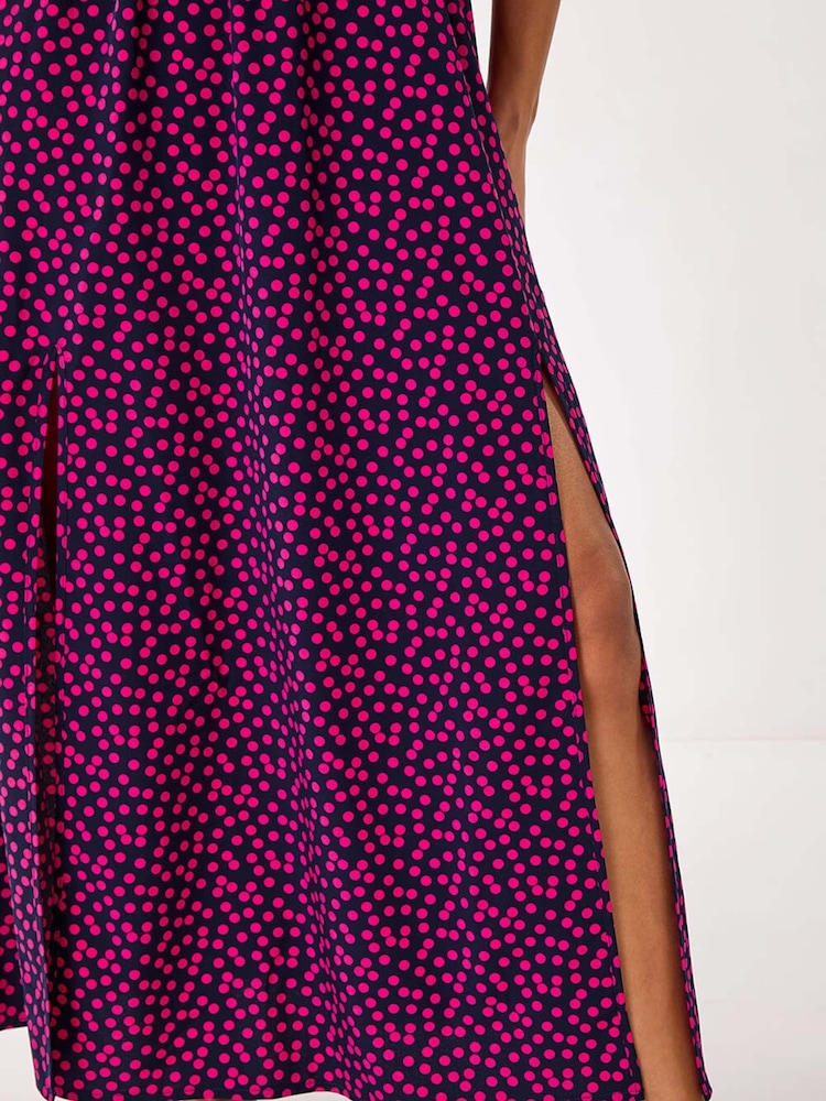 Roman Pink Spot Print Shirred Bardot Maxi Dress - Image 5 of 5