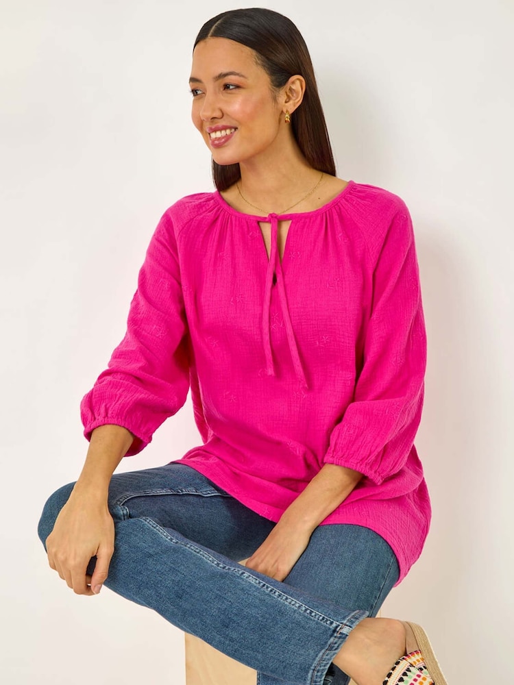 Roman Pink Tie Neck Tunic 100% Cotton Top - Image 1 of 5