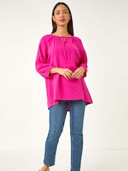 Roman Pink Tie Neck Tunic 100% Cotton Top - Image 2 of 5