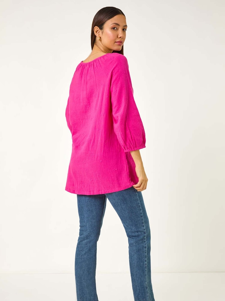 Roman Pink Tie Neck Tunic 100% Cotton Top - Image 3 of 5