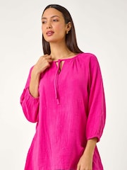 Roman Pink Tie Neck Tunic 100% Cotton Top - Image 4 of 5