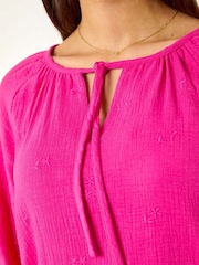 Roman Pink Tie Neck Tunic 100% Cotton Top - Image 5 of 5
