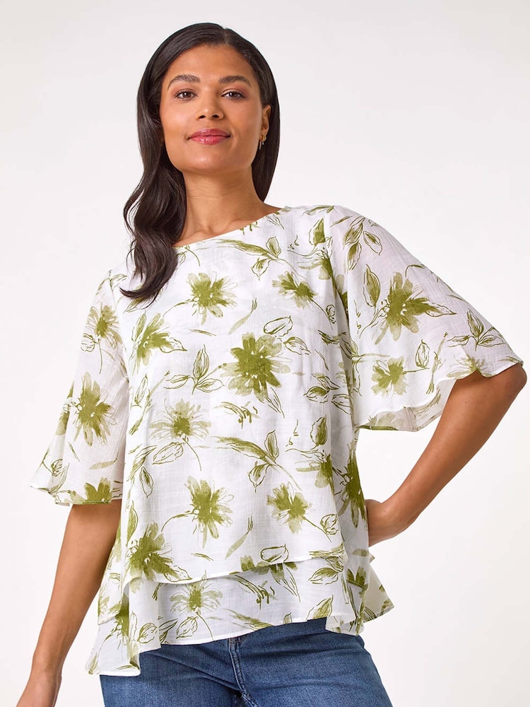 Roman Green Floral Print Layered Tunic Top - Image 1 of 5
