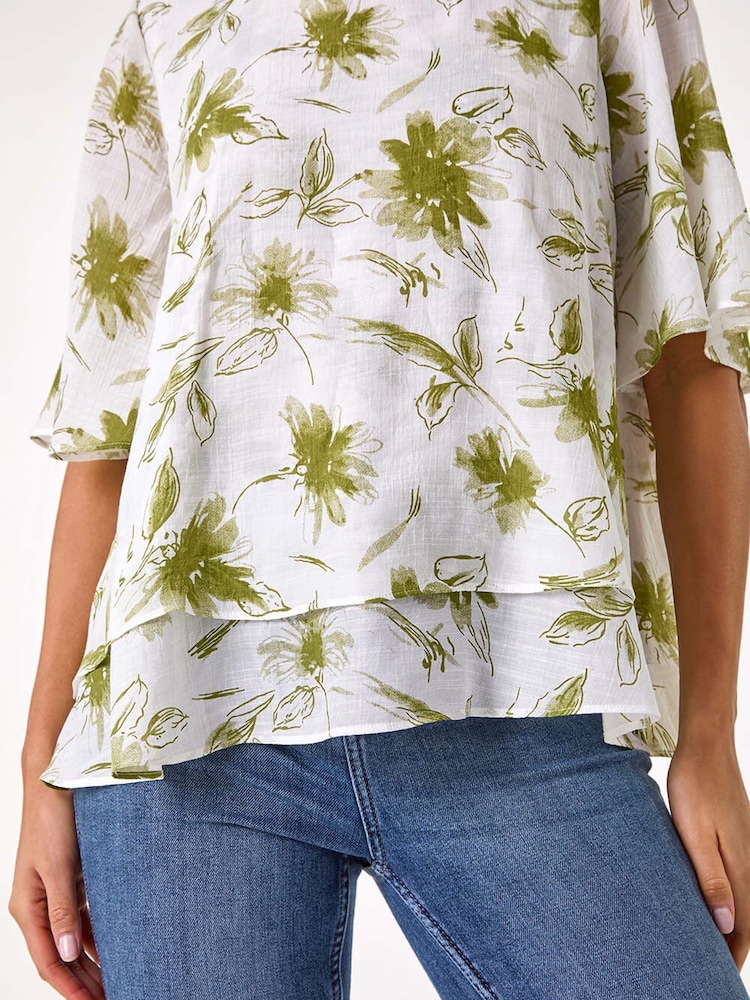 Roman Green Floral Print Layered Tunic Top - Image 2 of 5