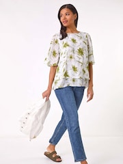 Roman Green Floral Print Layered Tunic Top - Image 4 of 5