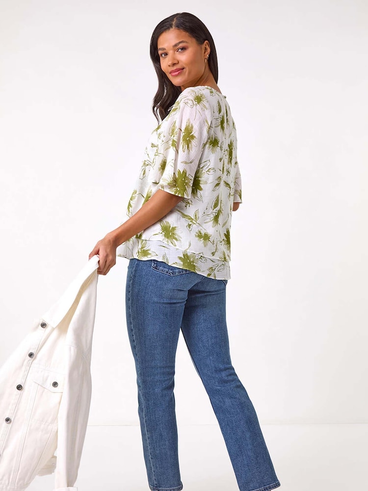 Roman Green Floral Print Layered Tunic Top - Image 5 of 5