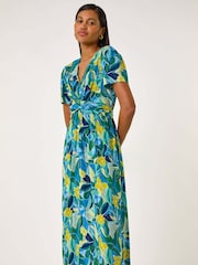 Roman Blue Floral Print Crossover Midi Dress - Image 1 of 5