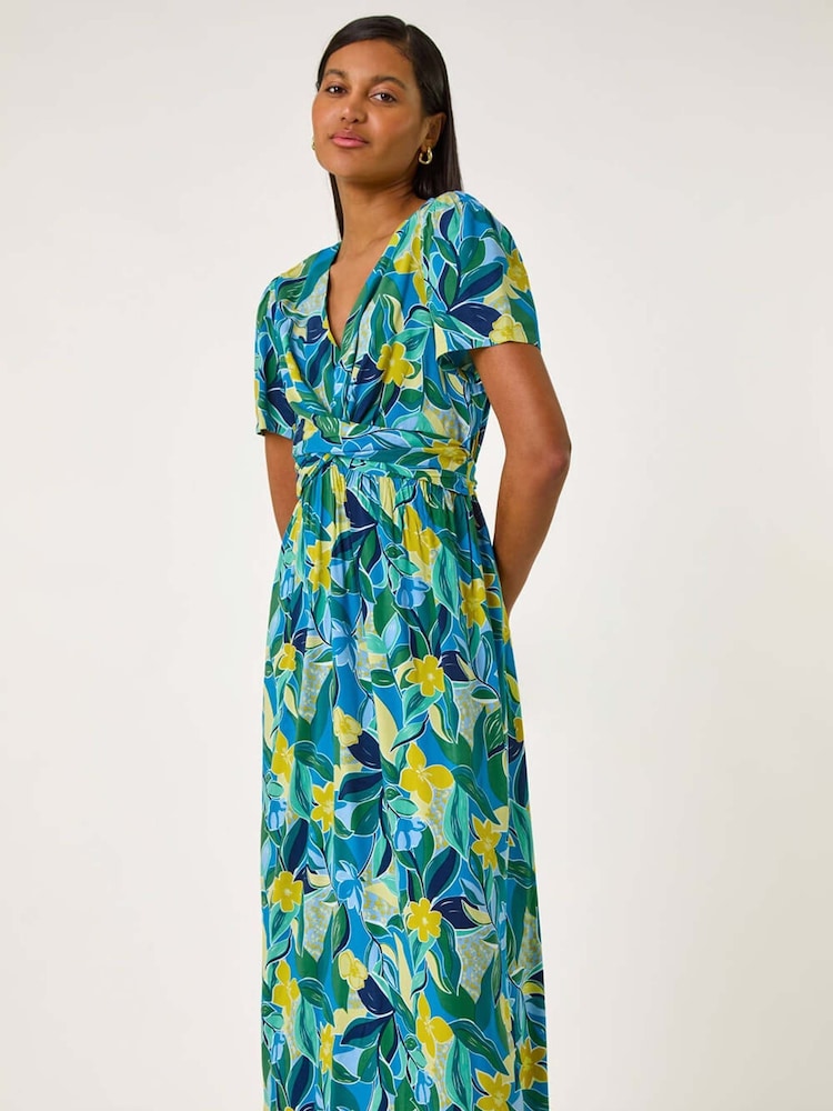 Roman Blue Floral Print Crossover Midi Dress - Image 1 of 5