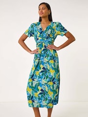 Roman Blue Floral Print Crossover Midi Dress - Image 2 of 5