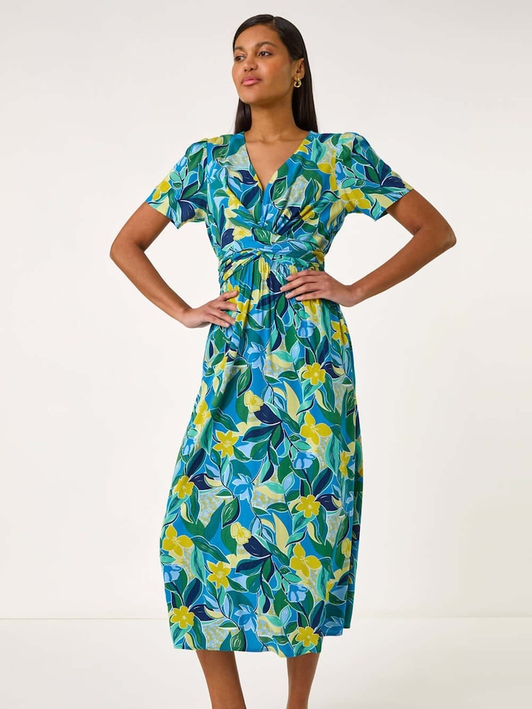 Roman Blue Floral Print Crossover Midi Dress - Image 2 of 5