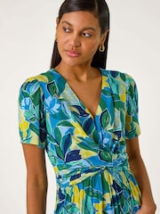Roman Blue Floral Print Crossover Midi Dress - Image 4 of 5